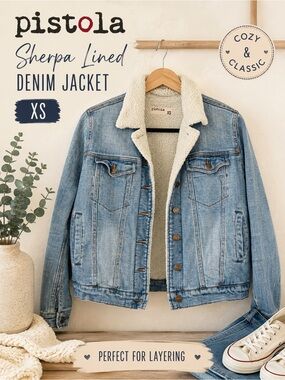 Pistola Sherpa Lined Denim Trucker Jacket Light Wash Blue Jean Coat XS